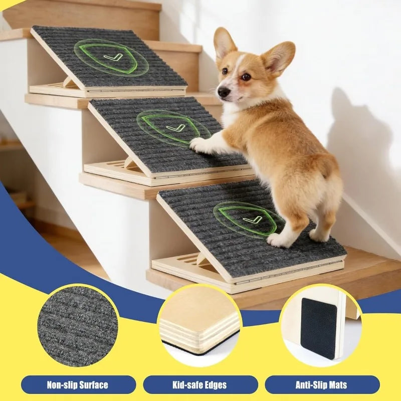 Foldable Wood Pet Ramp Non-Slip Striped Steps Adjustable Cat & Dog Ladder for Bed Access Portable Climbing Aide for Elderly Pets