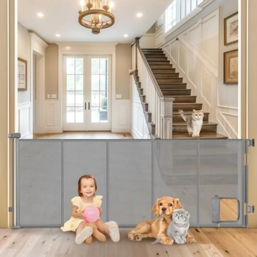 Reinforced Extra Wide Retractable Pet Gate With Cat Door For Doorways