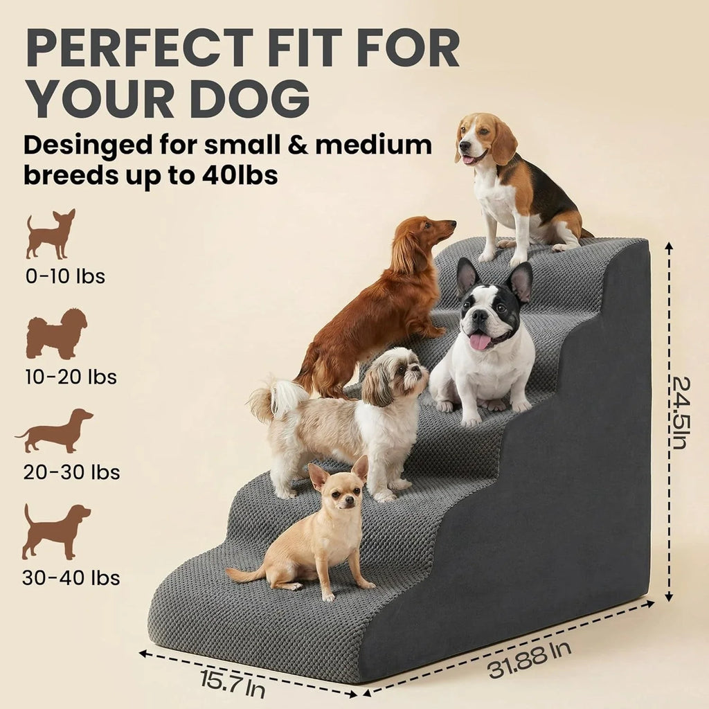 Dog Stairs for High Beds Up to 30", Extra-Tall 5-Step Dog Steps for Bed, 24.5" Tall Foam Pet Stairs for Small & Medium Dogs, Gen