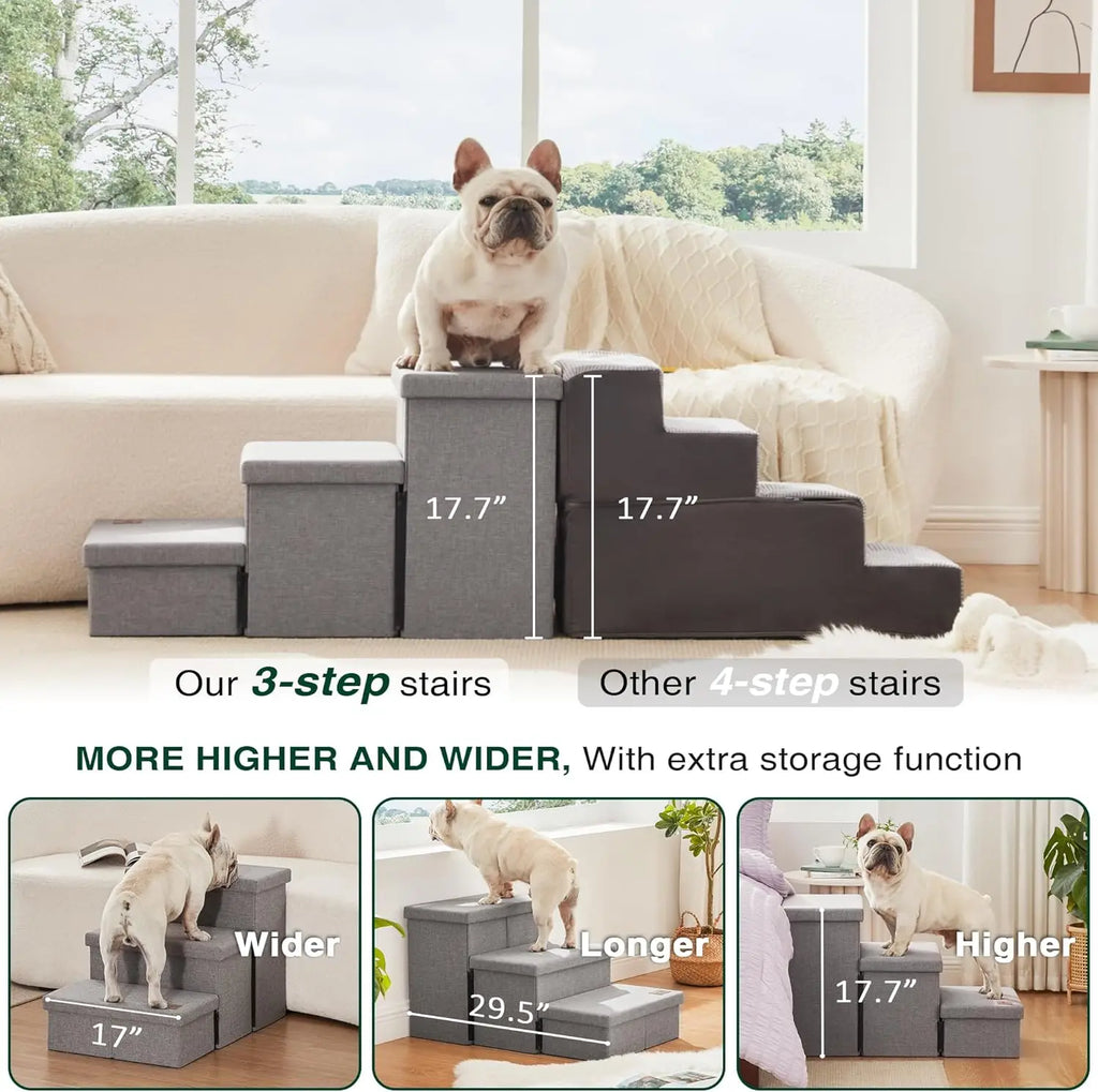 Dog Stairs for High Bed 18" H, Foldable Pet Stairs for Small Medium or Large Dogs Puppy with Storage for Bed or Cou