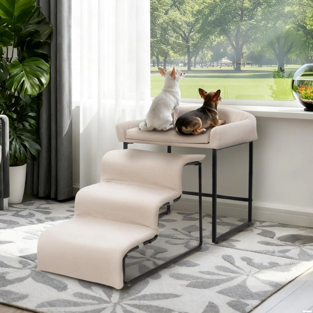 Dog Window Perch with Stairs, Pet Stairs Ramp with Seat, Dog Perch to Look Out Window with Ramp, Lounge Elevated Dogs Bed, Small