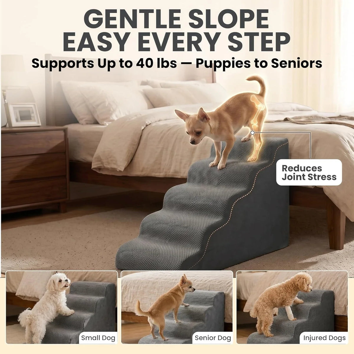Dog Stairs for High Beds Up to 30", Extra-Tall 5-Step Dog Steps for Bed, 24.5" Tall Foam Pet Stairs for Small & Medium Dogs, Gen