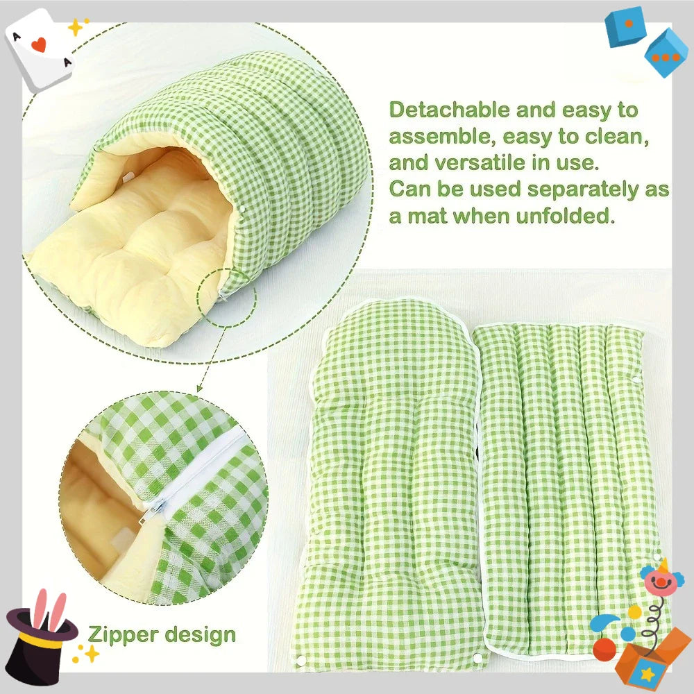 Large all-season cat house (including a warm winter bed) – with decorative panels and a fully enclosed comfortable sleeping bag.
