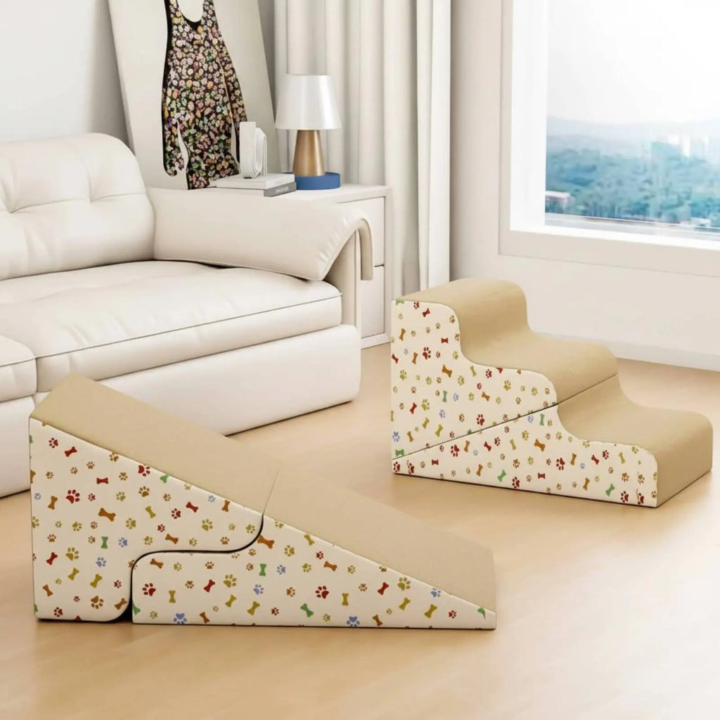 Transformable Pet Stairs Ramp Cleanable Cover Foldable Pet Ramp Three-Tier Dog Stairs Non-Slip Surface for Older Animals