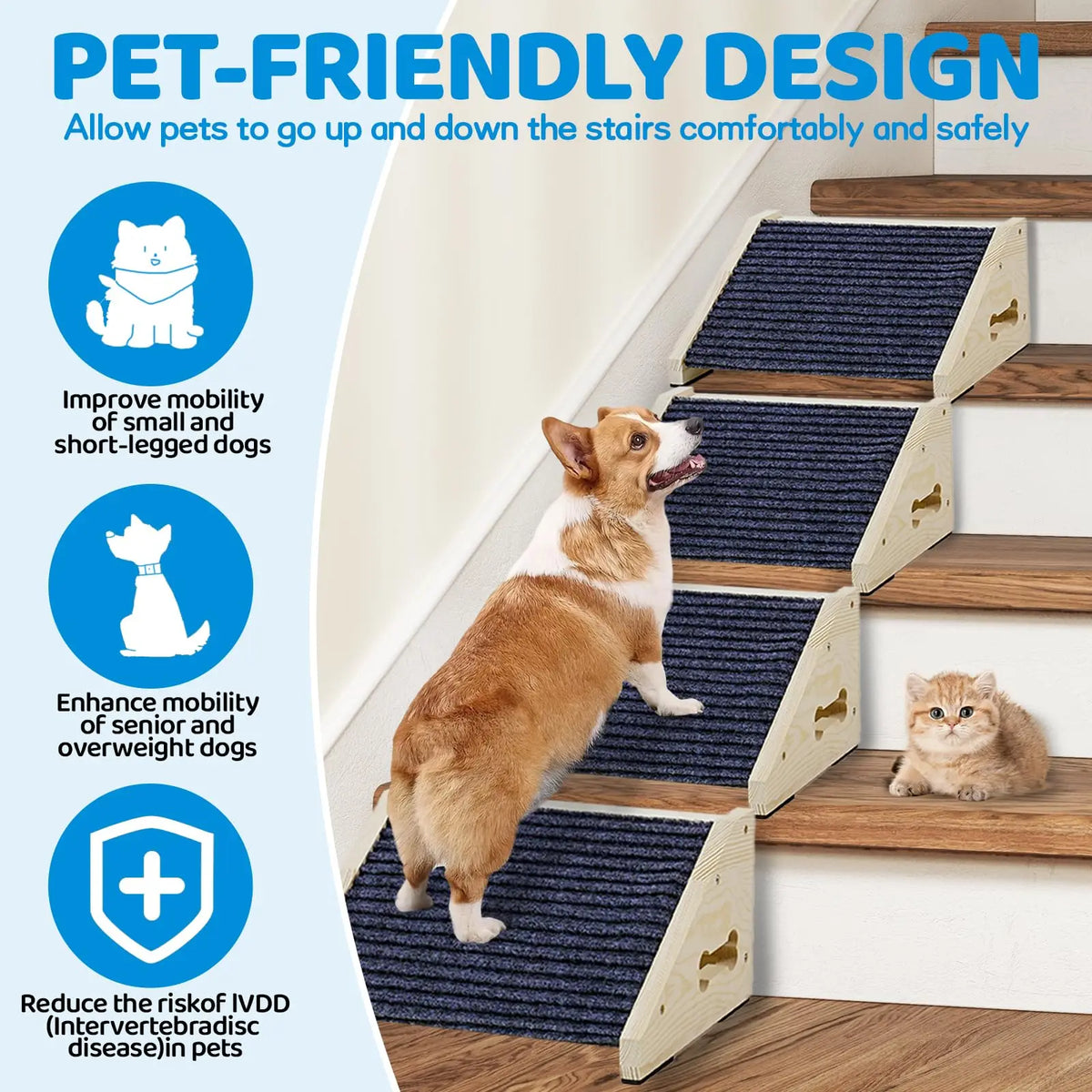 Wooden Dog Stair Ramp for Small to Medium Dogs, Indoor Pet Climbing Ladder with Anti-Slip Surface, Cat Ramp, Dark Grey and Wood