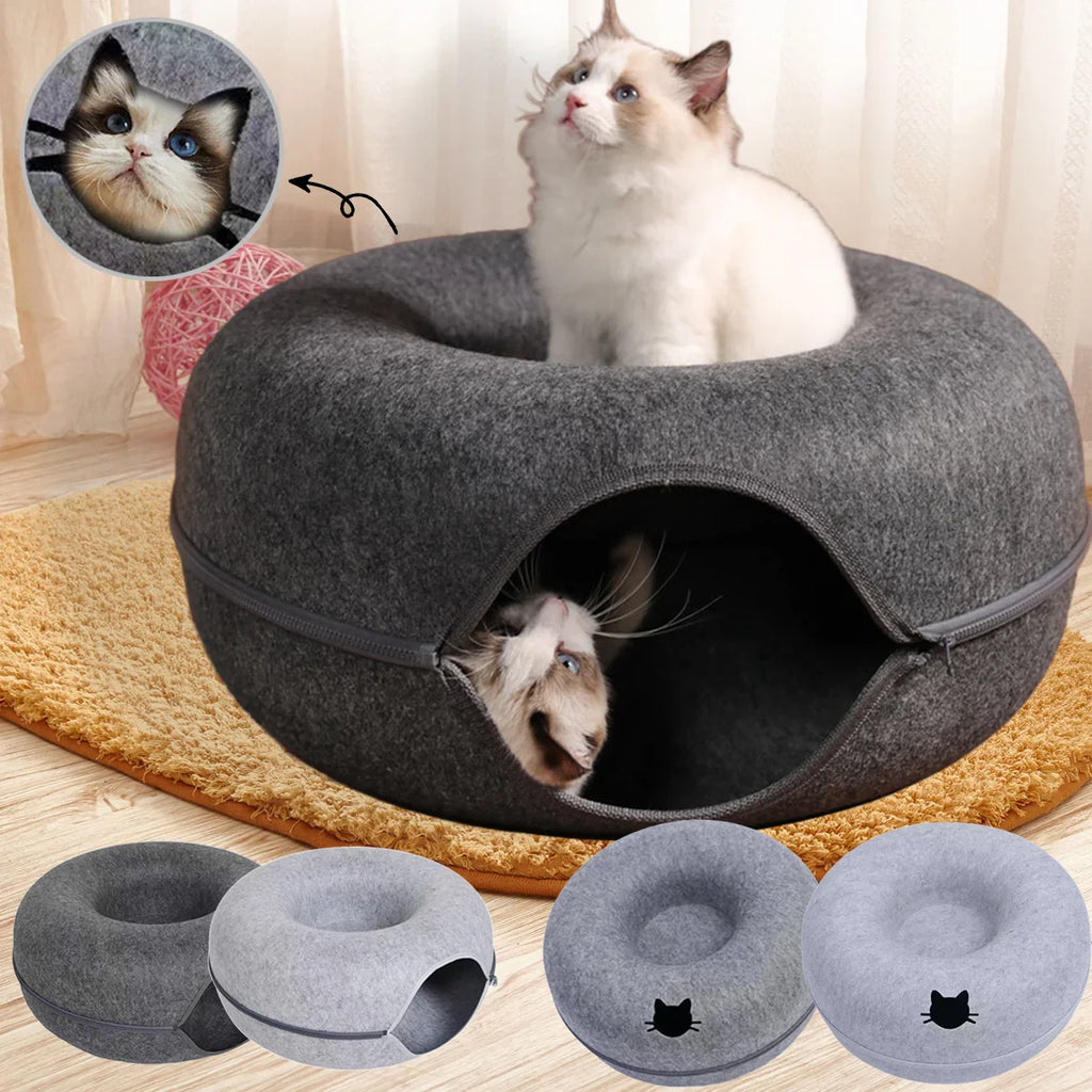 Felt Donut Cat Bed | 2-in-1 Cat Tunnel Bed & Hideout
