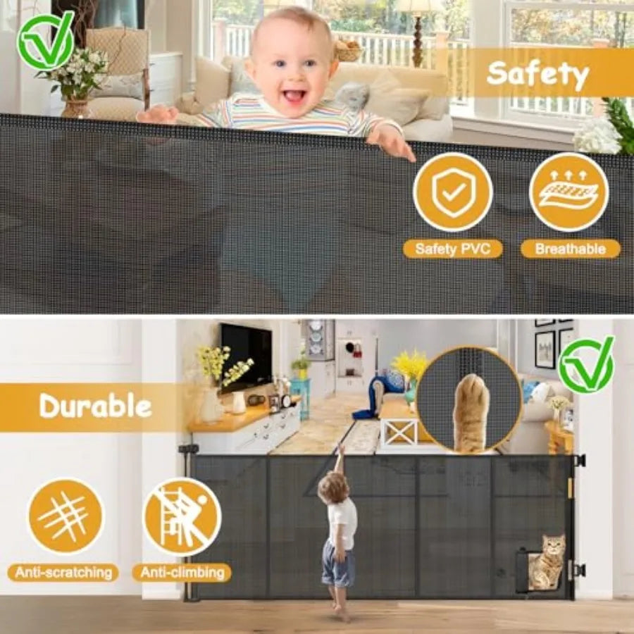 Reinforced Extra Wide Retractable Pet Gate With Cat Door For Doorways