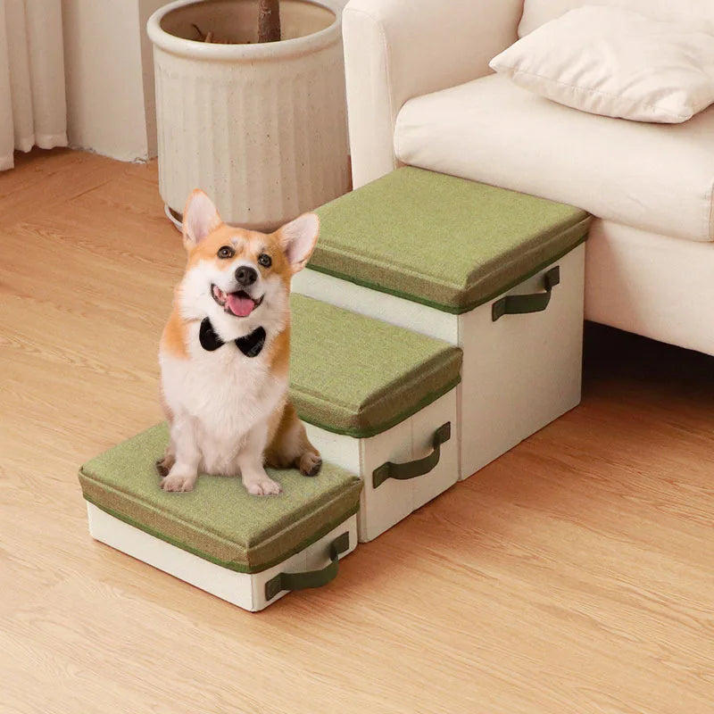 3-Tier Foldable Pet Stairs with Storage Boxes Ladder Dogs Pets Puppy Stairs Multifunctional Pet Ramp for Bed & Sofa Dog Supplies