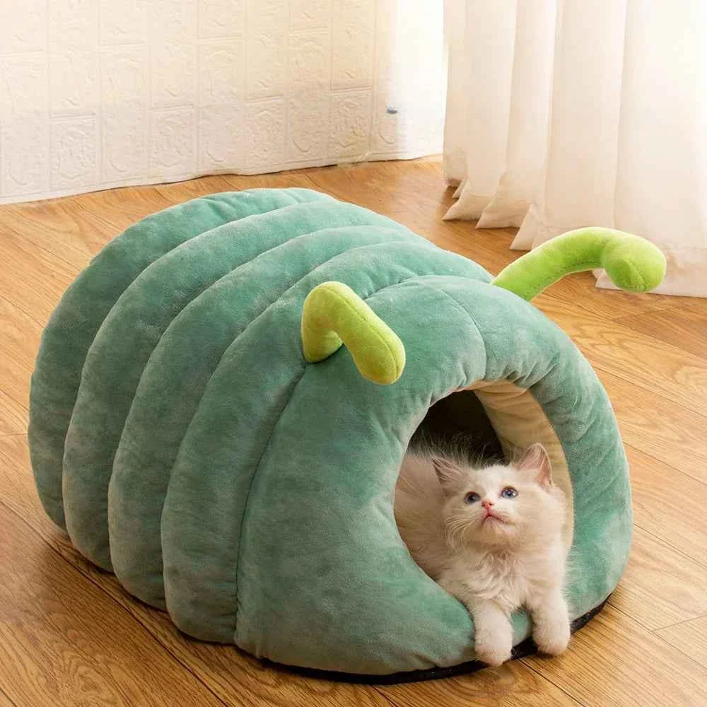 Kawaii Cartoon Caterpillar Pet Bed (Up to 23.6 in) - Warm Soft Plush Cat/Dog House