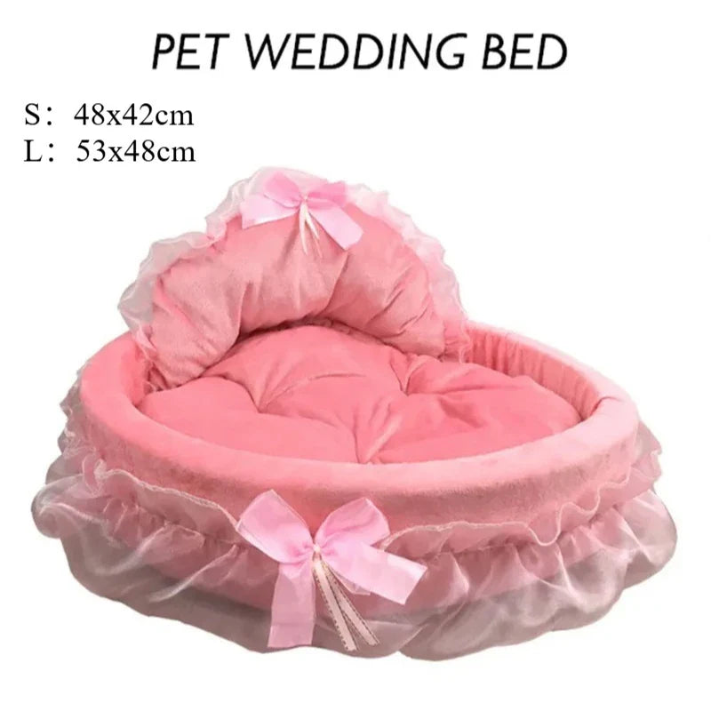 3D Fantasy Bow Lace Pet Bed for Dogs Romantic Detachable Oval Princess Pet Bed Dog Soft Sofa Nest Pet Wedding Furniture 1pc
