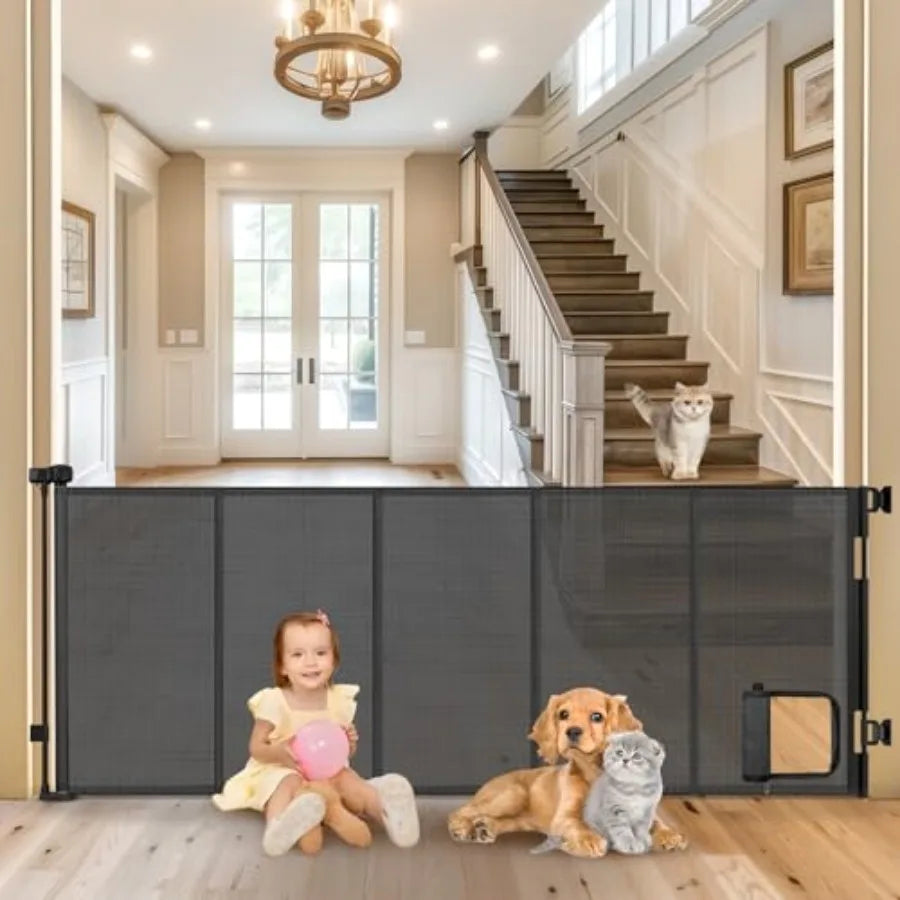 Reinforced Extra Wide Retractable Pet Gate With Cat Door For Doorways