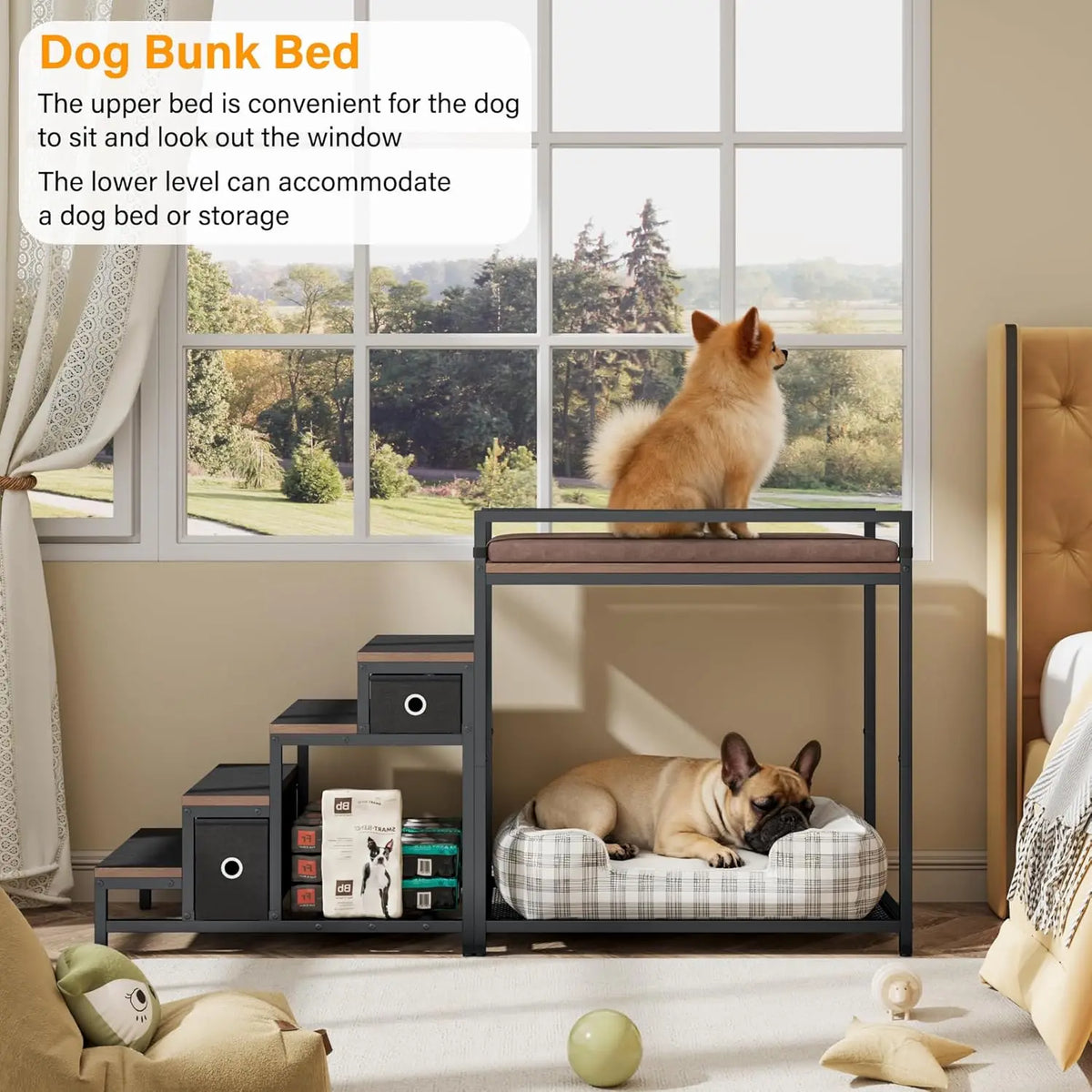 Dog/Cat Window Perch with Stairs and Seat Cushion, Pet Bunk Bed with Storage Drawers, Bedside Dogs Cot for Small, Medium Cats &