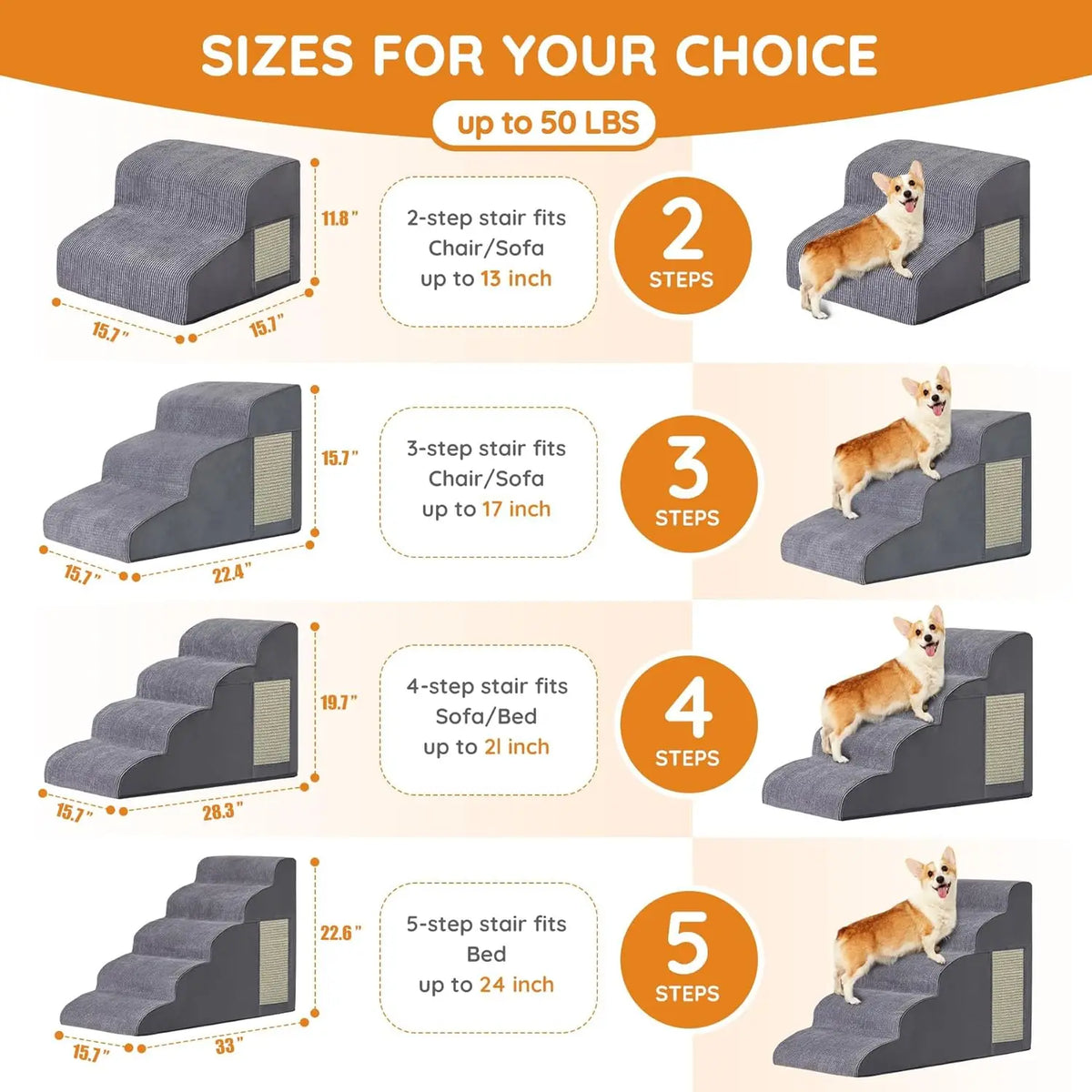 Dog Stairs for Small Dogs, 4-Step Dog Ramp for Bed 19.7' H, Dogs Steps for Bed, Couch, Pet Stairs with Non-Slip Bottom Design, C