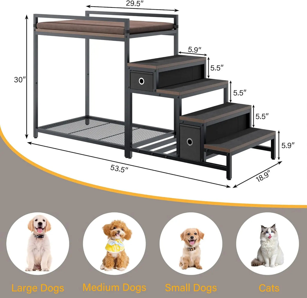 Dog/Cat Window Perch with Stairs and Seat Cushion, Pet Bunk Bed with Storage Drawers, Bedside Dogs Cot for Small, Medium Cats &
