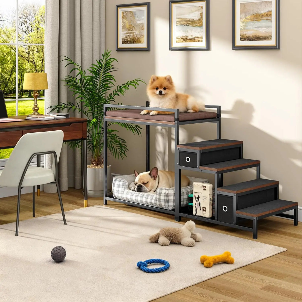 Dog/Cat Window Perch with Stairs and Seat Cushion, Pet Bunk Bed with Storage Drawers, Bedside Dogs Cot for Small, Medium Cats &