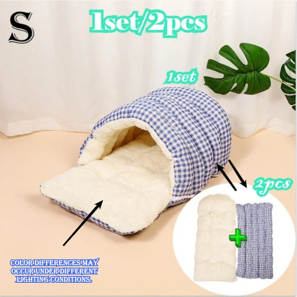 Large all-season cat house (including a warm winter bed) – with decorative panels and a fully enclosed comfortable sleeping bag.