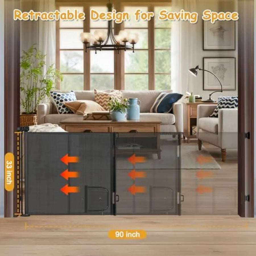Reinforced Extra Wide Retractable Pet Gate With Cat Door For Doorways