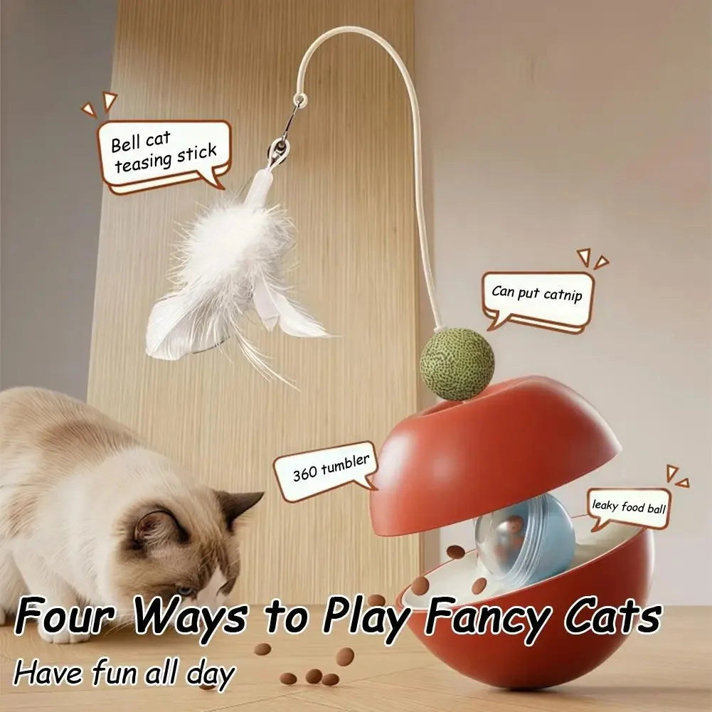 360° Multifunctional Cat Toys Wobble Treat Dispenser with Bell Feather Wand, Rolling Ball Interactive Cat Feeder Toy for Indoor