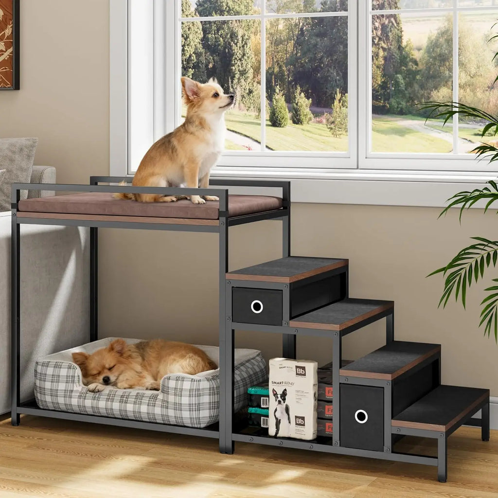 Dog/Cat Window Perch with Stairs and Seat Cushion, Pet Bunk Bed with Storage Drawers, Bedside Dogs Cot for Small, Medium Cats &