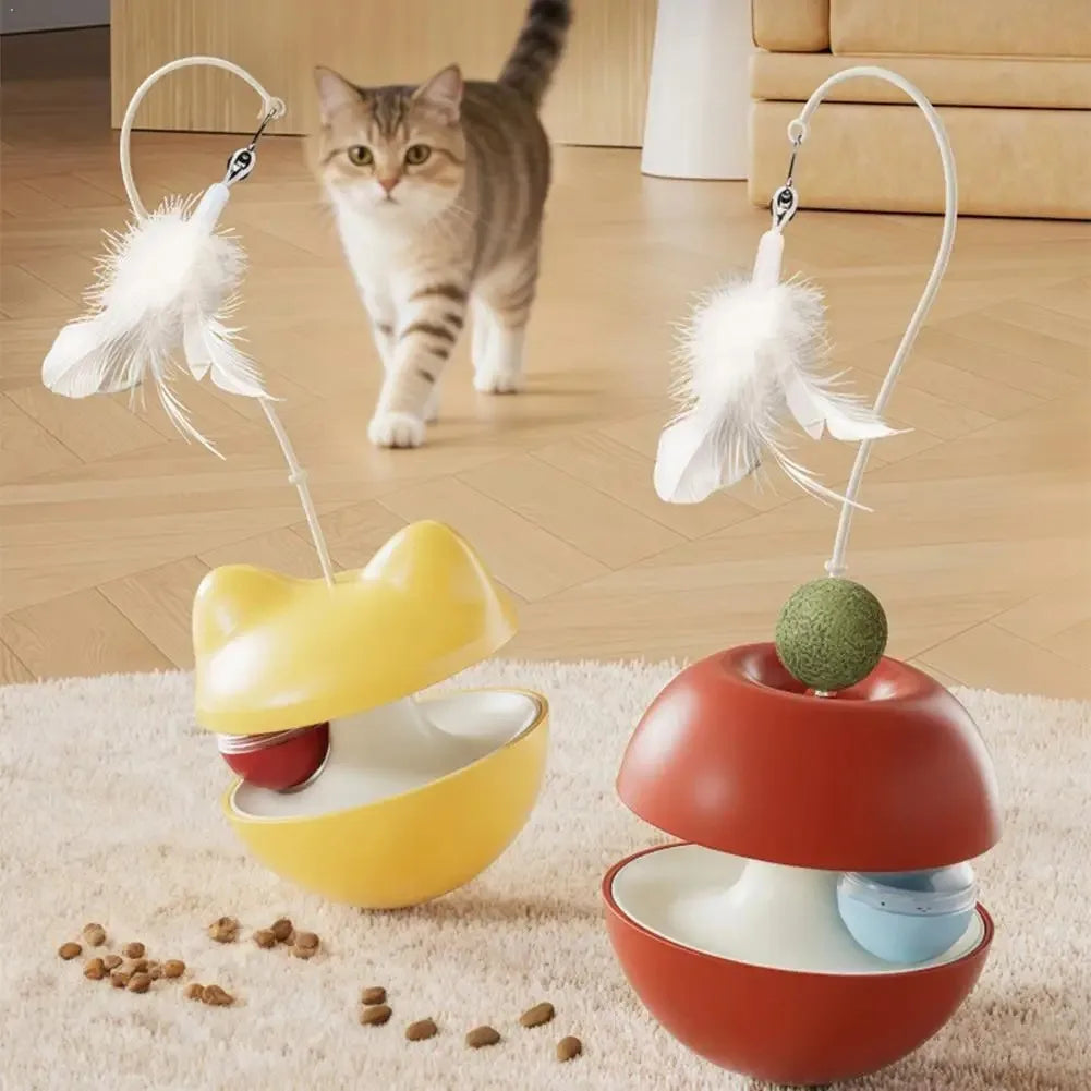 360° Multifunctional Cat Toys Wobble Treat Dispenser with Bell Feather Wand, Rolling Ball Interactive Cat Feeder Toy for Indoor