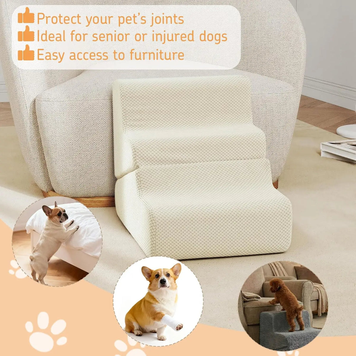 Dog Ramp for Bed, 16.5' H Dog Stairs for High Bed, 2 in 1 Pet Steps for Small Dogs, 3-Step Foldable Transformable Large Cats Ram