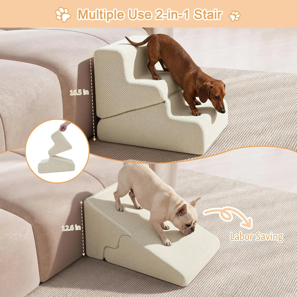 Dog Ramp for Bed, 16.5' H Dog Stairs for High Bed, 2 in 1 Pet Steps for Small Dogs, 3-Step Foldable Transformable Large Cats Ram