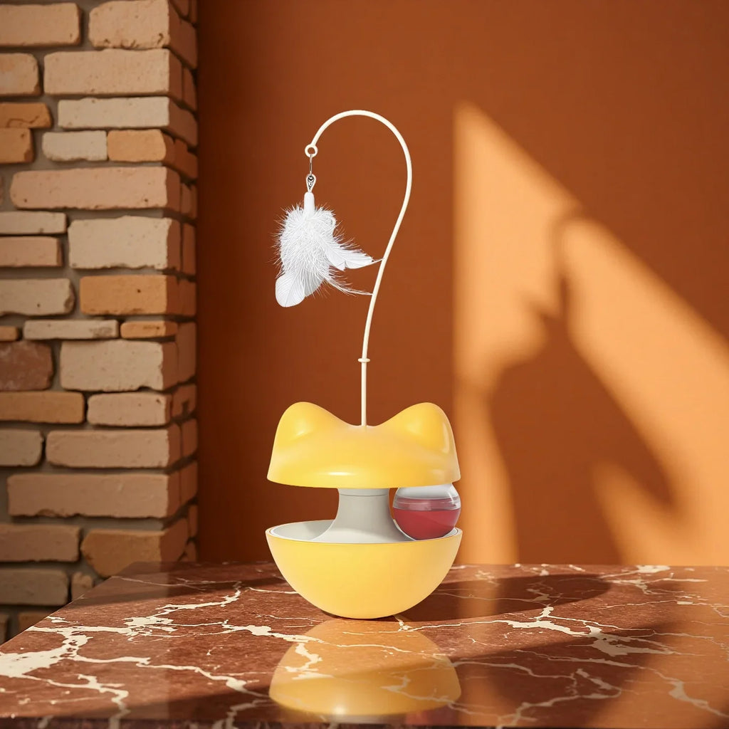 360° Multifunctional Cat Toys Wobble Treat Dispenser with Bell Feather Wand, Rolling Ball Interactive Cat Feeder Toy for Indoor