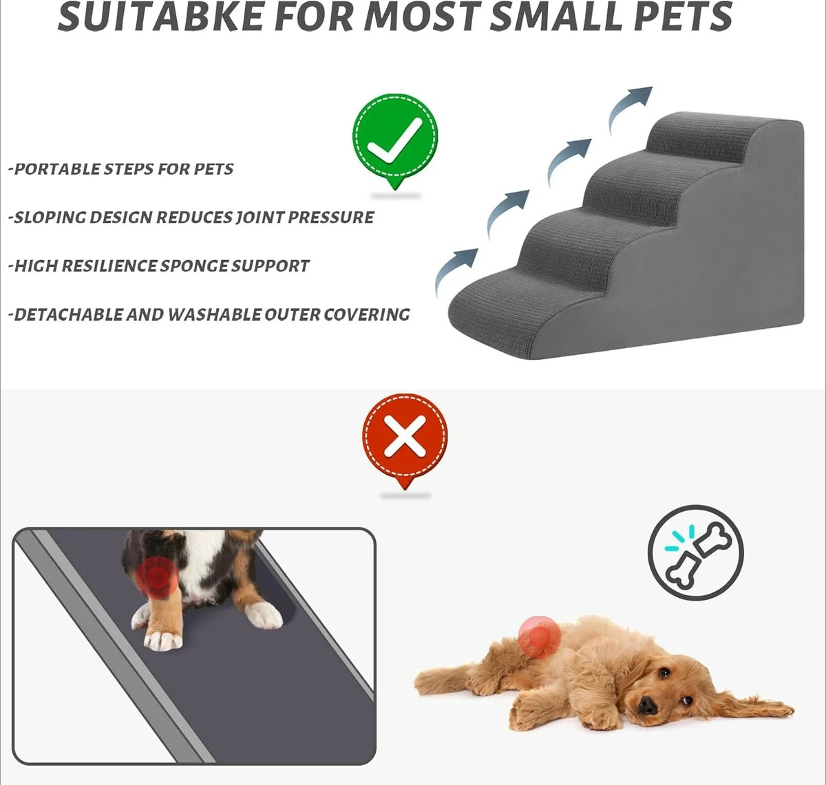 Dog Steps for Bed, 4-Step Dog Stairs Ramp for Small Dogs and Cats, Indoor Non-Slip Pet Stairs Suitable for Older, Short