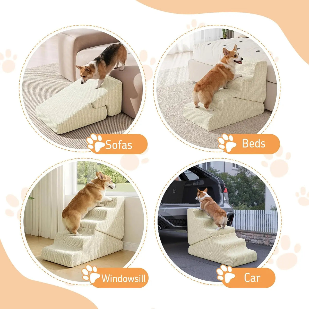 Dog Ramp for Bed, 16.5' H Dog Stairs for High Bed, 2 in 1 Pet Steps for Small Dogs, 3-Step Foldable Transformable Large Cats Ram