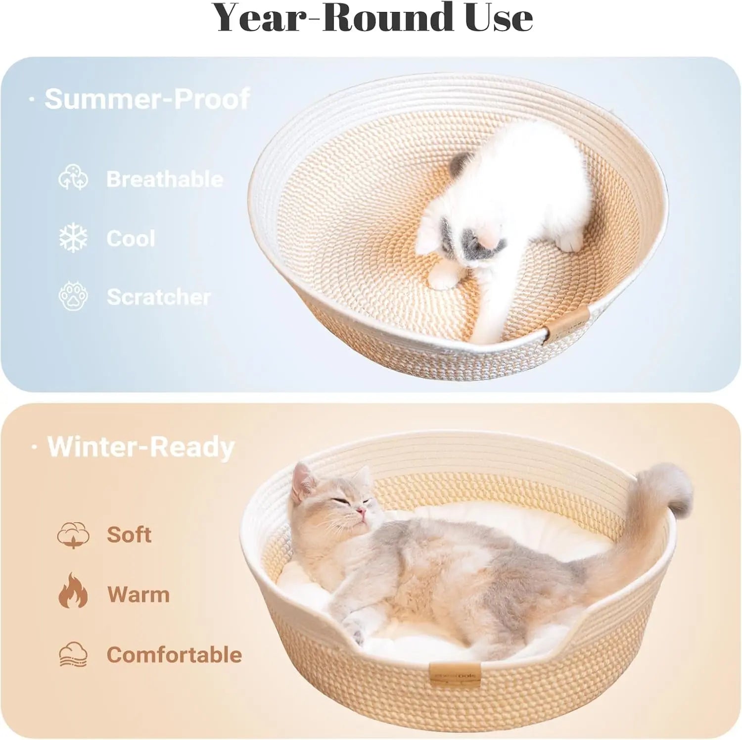 Woven Cat & Small Dog Bed Basket Cushion 18.5in Washable in 3 Colors