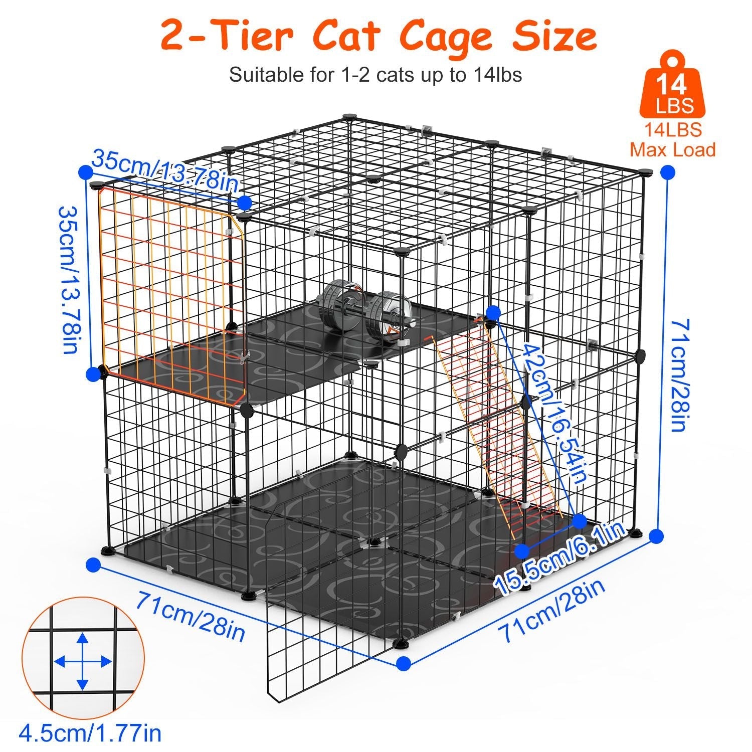 2Tier Cat Cage Playpen Indoor Pet Enclosures Kitten Kennel House Detachable Cat Crate with Climbing Ladder 2 Doors for 1-2 Cats for Ferret Squirrel Sm