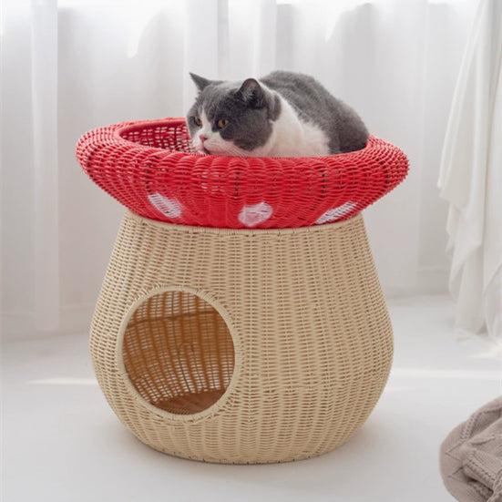 Rattan-Style Washable Cat Bed Villa-Style Mushroom-Shaped Pet Nest Handwoven Breathable Dog Kennel