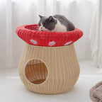 Rattan-Style Washable Cat Bed Villa-Style Mushroom-Shaped Pet Nest Handwoven Breathable Dog Kennel