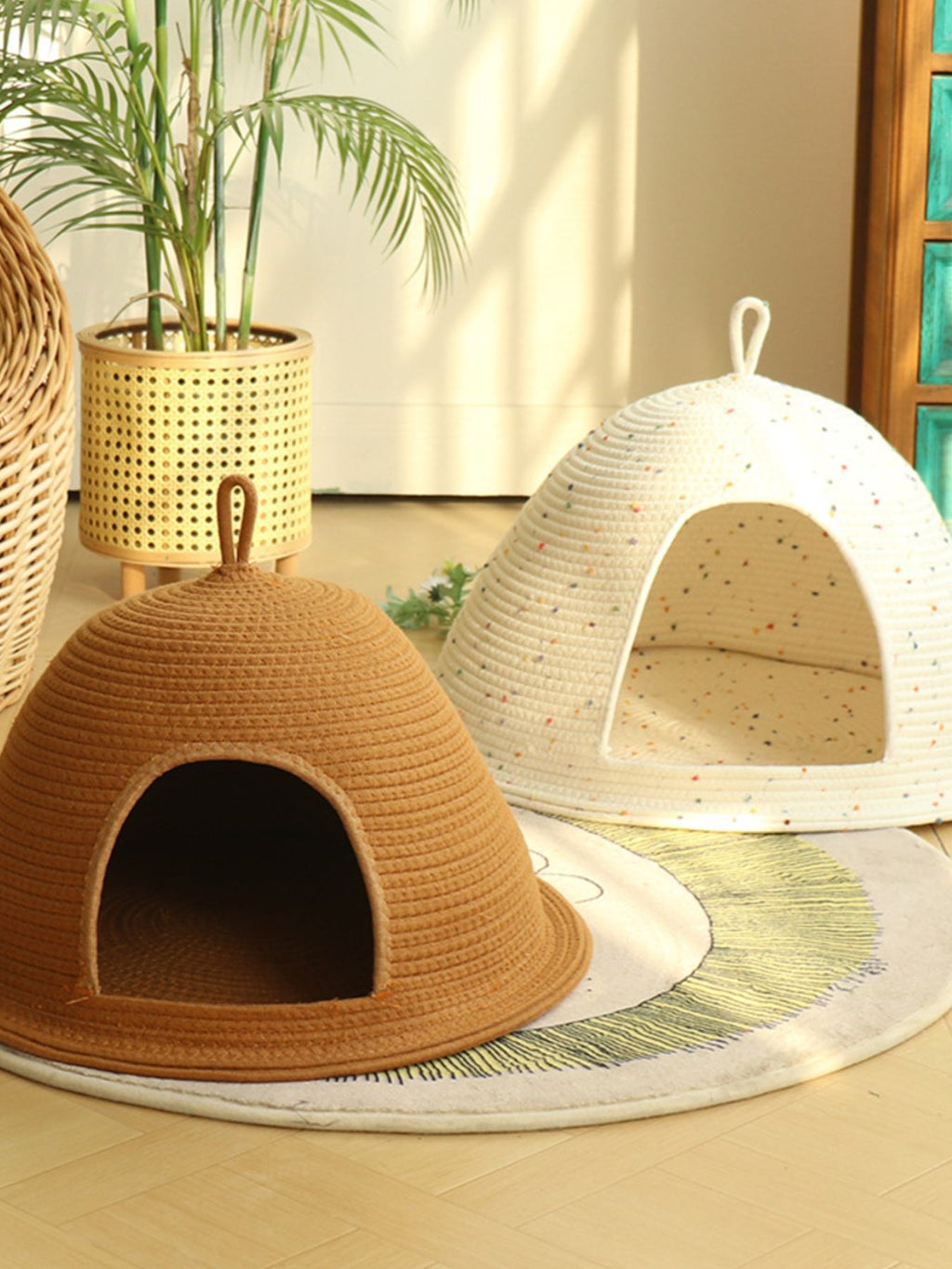 Cozy Rope Woven Cat Cave Bed with Handle