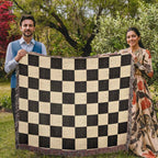 Checked Feline Woven Blanket – Gold & Black Cat Outline Throw