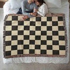 Checked Feline Woven Blanket – Gold & Black Cat Outline Throw