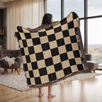 Checked Feline Woven Blanket – Gold & Black Cat Outline Throw