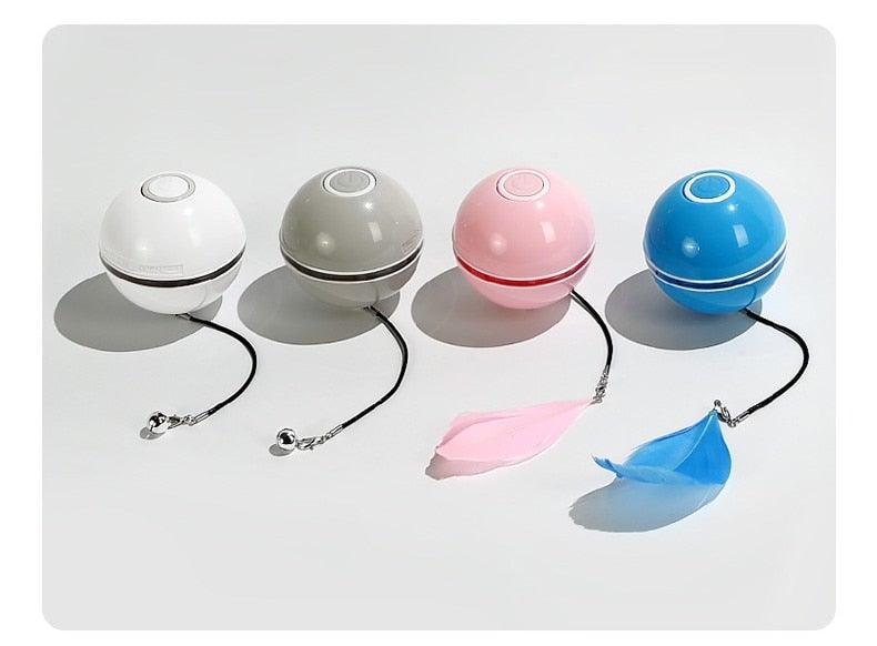 Automatic Smart Cat Toys Ball Interactive Catnip USB Rechargeable Self Rotating Colorful Led Feather Bells Toys for Cats Kitten Build-in Spinning Led Light Stimulate Hunting Instinct