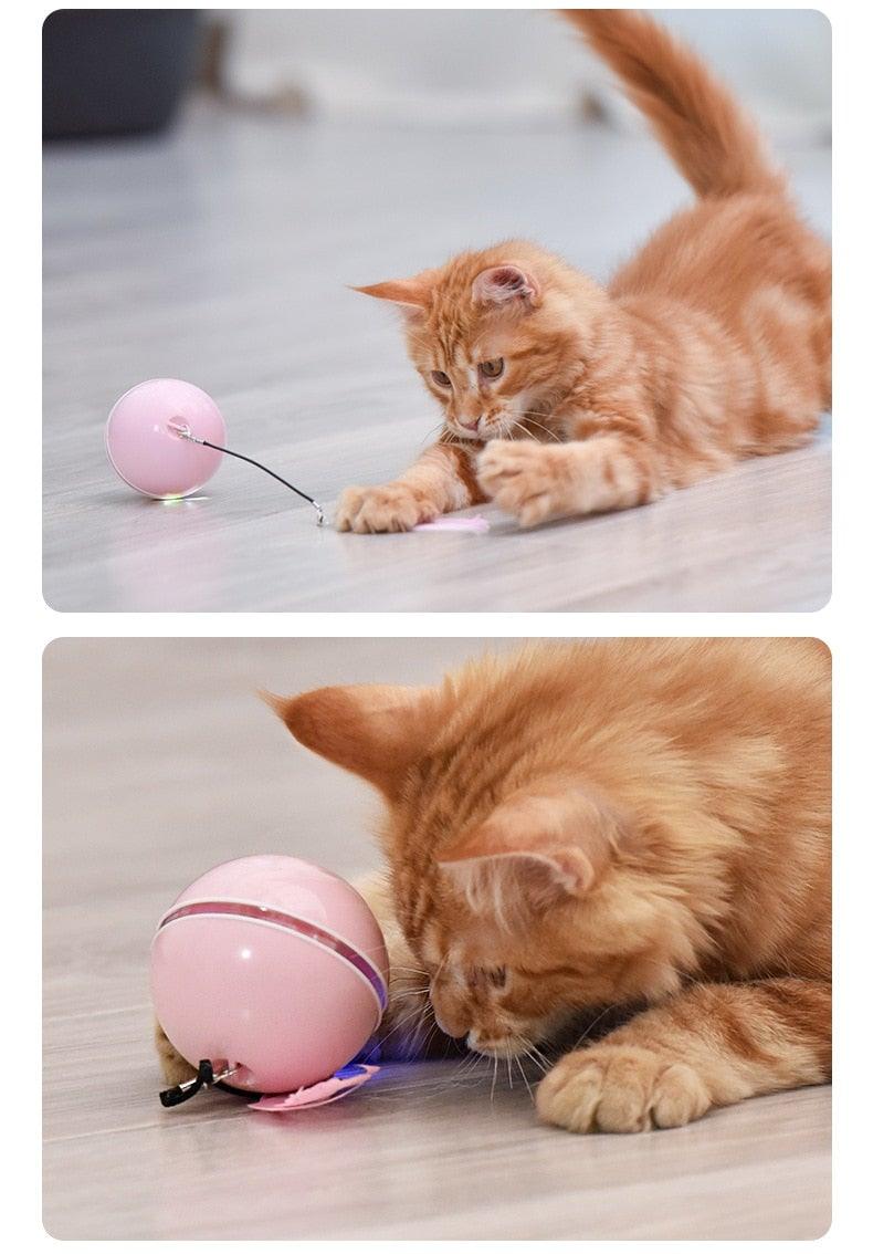 Automatic Smart Cat Toys Ball Interactive Catnip USB Rechargeable Self Rotating Colorful Led Feather Bells Toys for Cats Kitten Build-in Spinning Led Light Stimulate Hunting Instinct