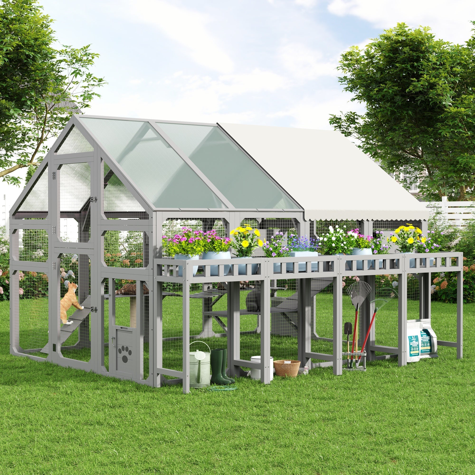 Large Outdoor Cat House with Planter Stand
