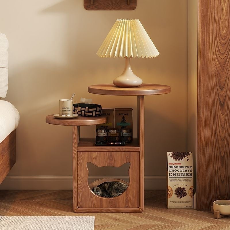 Solid Wood Nightstand Pine Cat Bed Storage Cabinet Side Cabinet Log-Style Home Pet Item