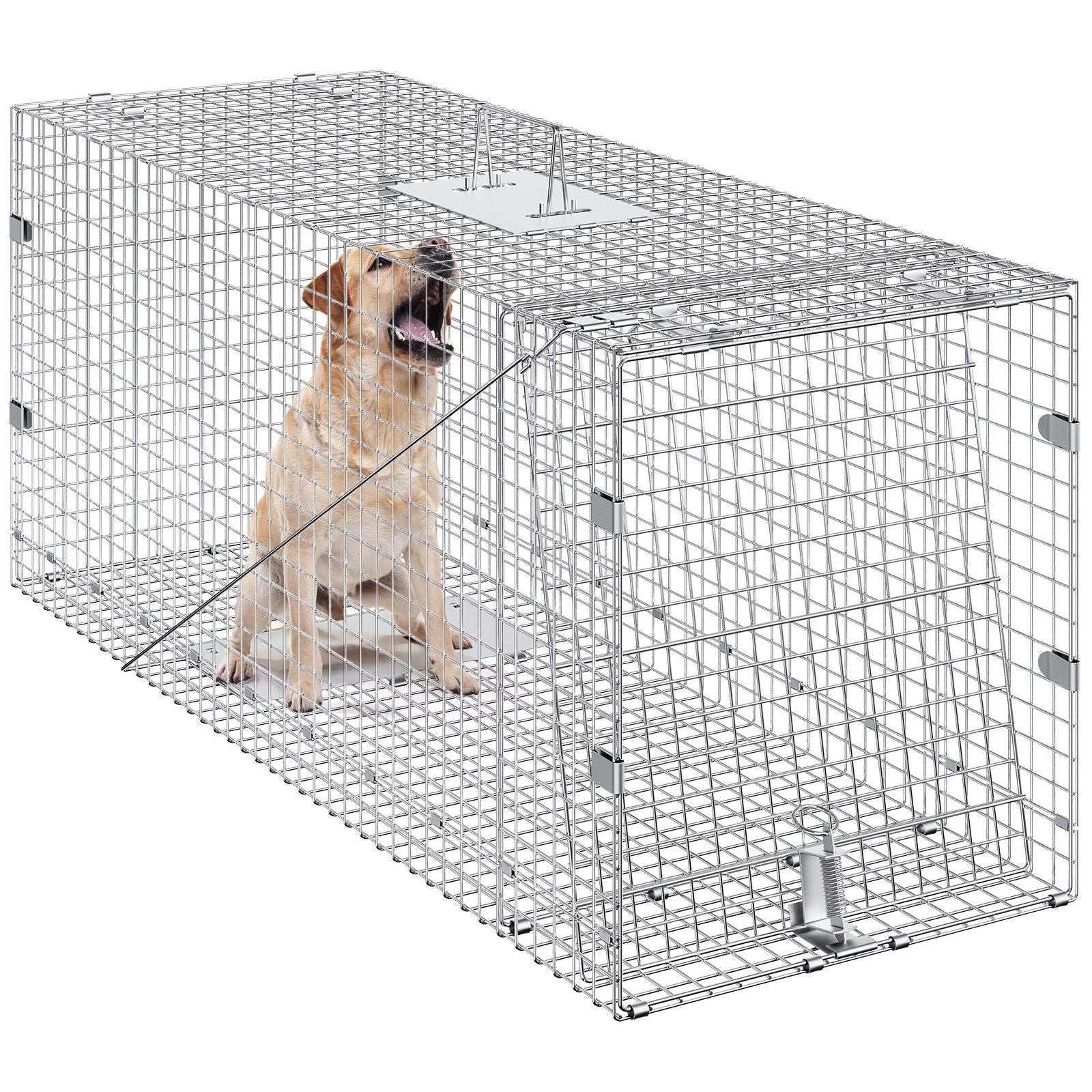 Live Animal Cage Trap, 42" x 16" x 18" Humane Cat Trap Galvanized Iron, Folding Animal Trap with Handle for Stray Dogs, Armadillos, Raccoons, Marmots, Foxes
