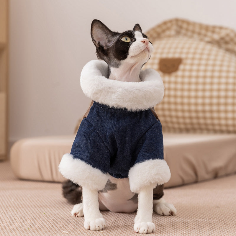 Cat Clothing For Autumn And Winter Warmth And Thickening, Small Dog Adult Kitten Winter Denim Two-legged Cotton Coat, Dog Pet Clothing