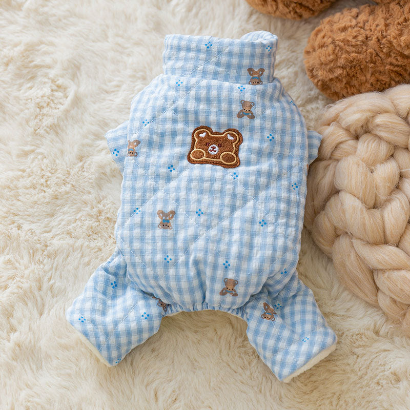 Cute Korean Cartoon Checkerboard Pattern Bear Full-printed Four-legged Cotton Coat For Dogs In Autumn And Winter, Teddy Pet Clothes For Cats
