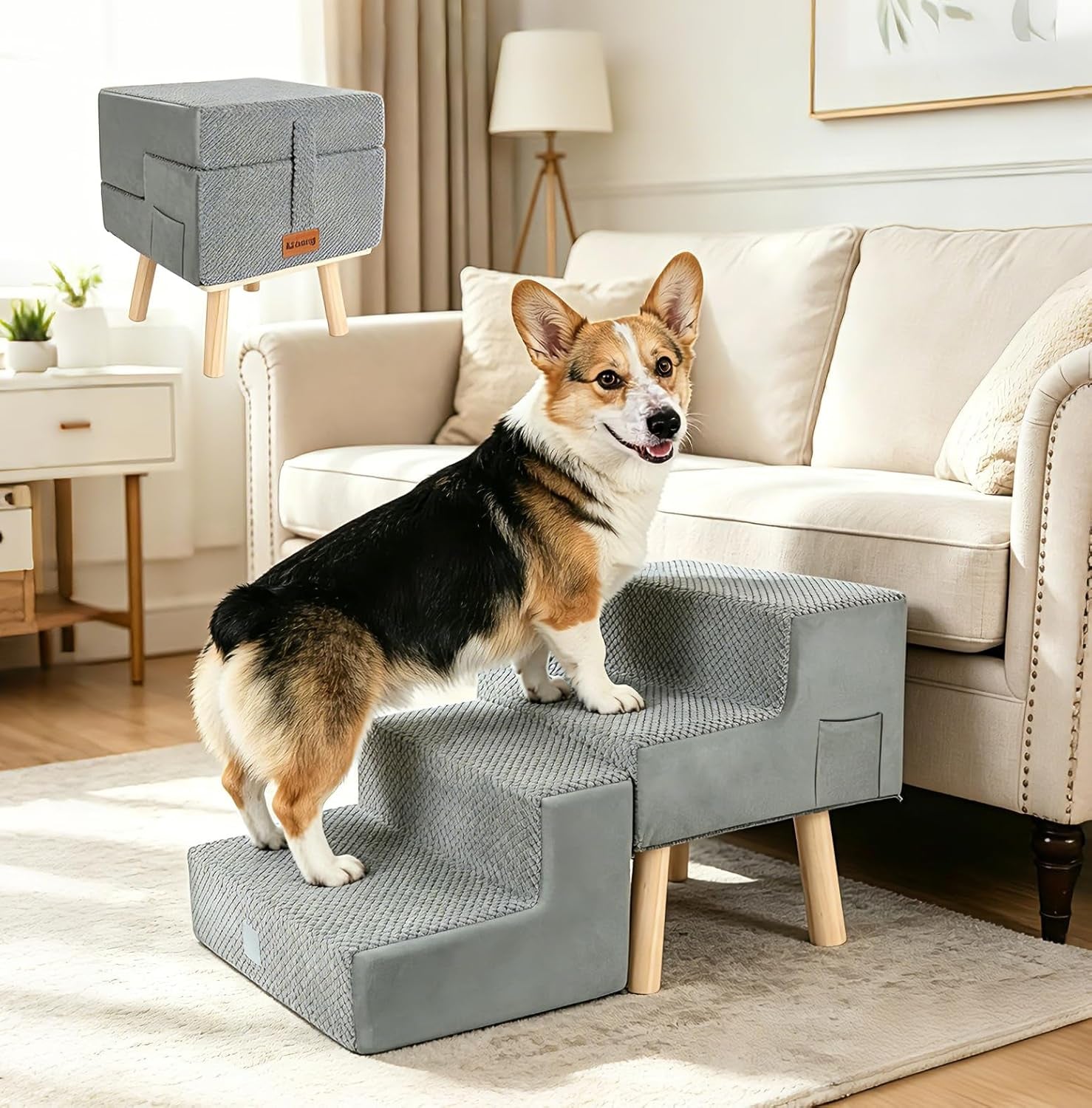 Foldable Dog Stairs: 4-Step Pet Steps Ottoman Ramp for Couch & Bed