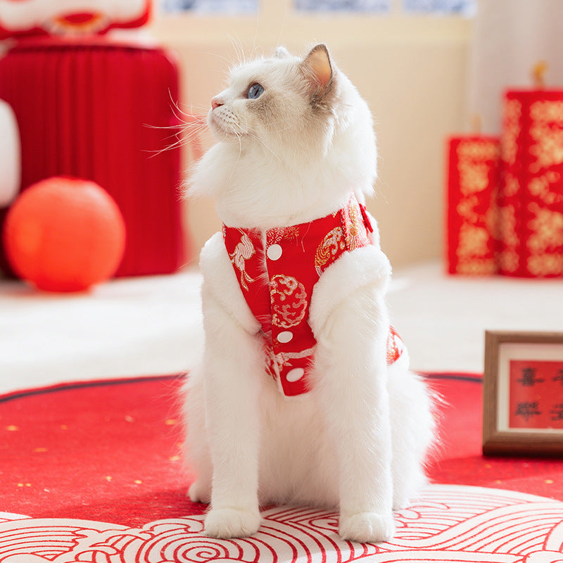 Autumn And Winter New Year's Clothes For Cats And Dogs, Festive Chinese-style Brocade Two-legged Cotton-padded Jackets, Blue Cat And Kitten Tang Suits And Vests