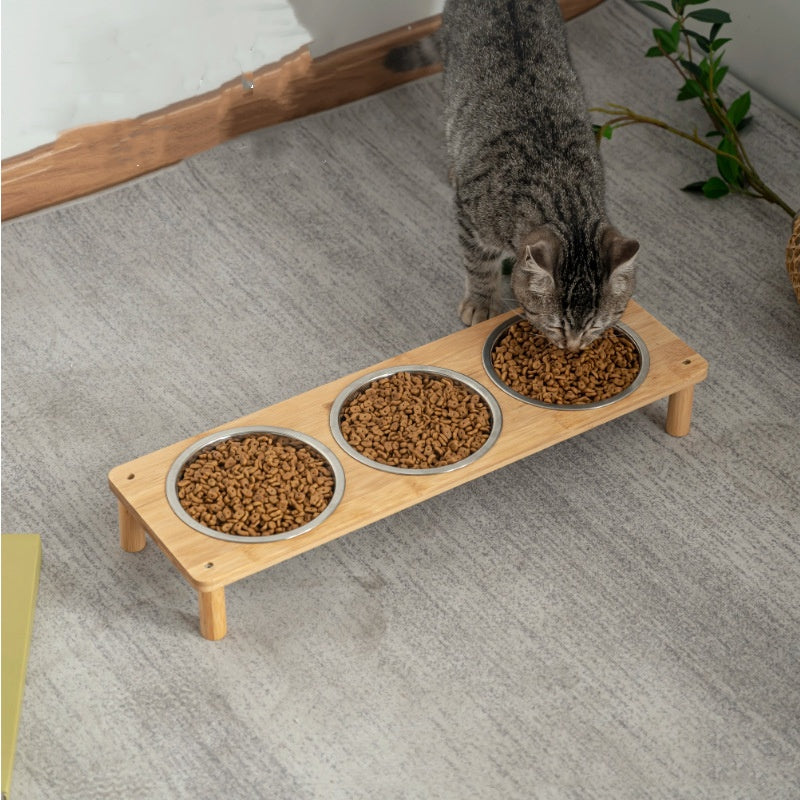 Pet Bowl Dog Food Pot Anti-tumble Large Stainless Steel Bamboo Frame Combination
