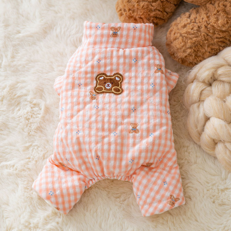 Cute Korean Cartoon Checkerboard Pattern Bear Full-printed Four-legged Cotton Coat For Dogs In Autumn And Winter, Teddy Pet Clothes For Cats