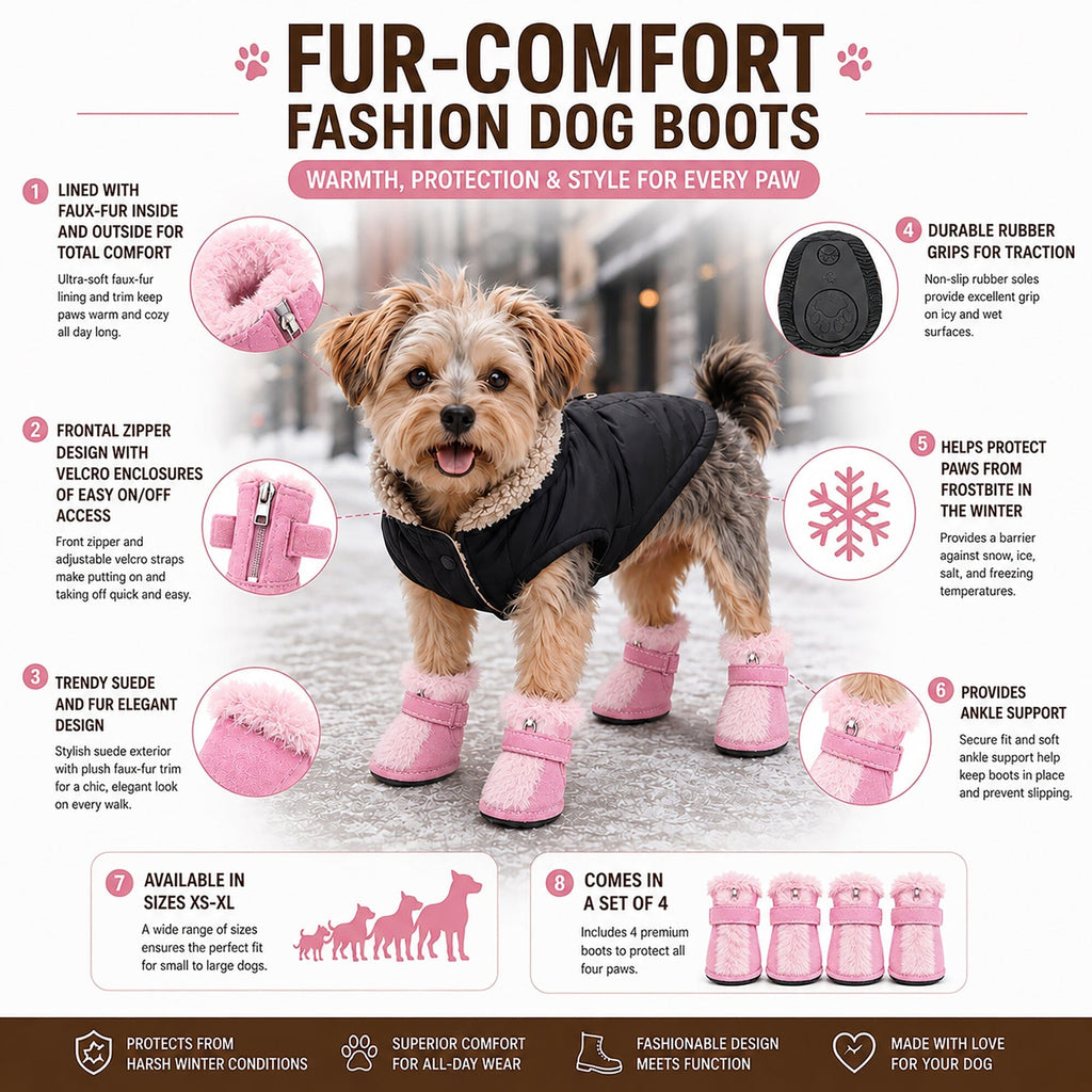 Pet Life ® Fur-Comfort 3M Insulated Fashion Fur and Suede Winter Dog Shoes Boots - Set of 4
