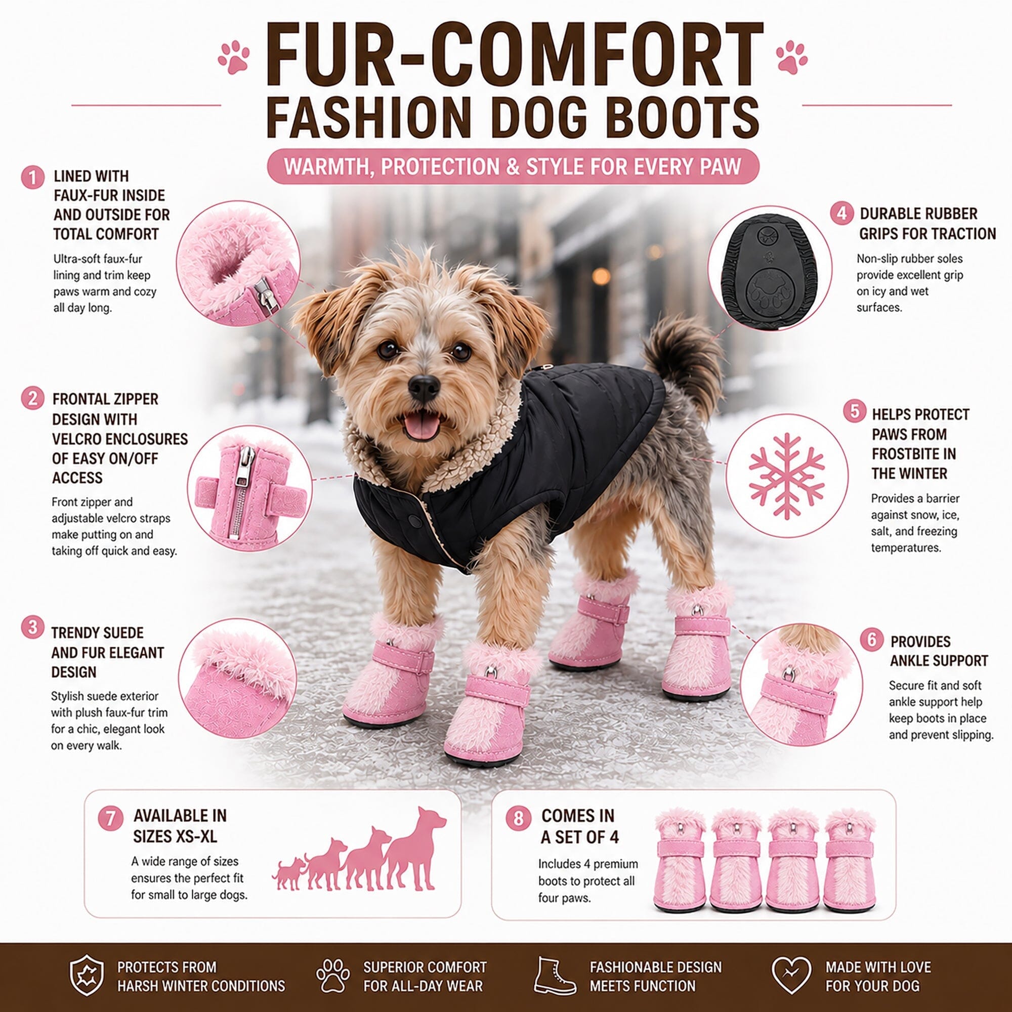 Pet Life ® Fur-Comfort 3M Insulated Fashion Fur and Suede Winter Dog Shoes Boots - Set of 4